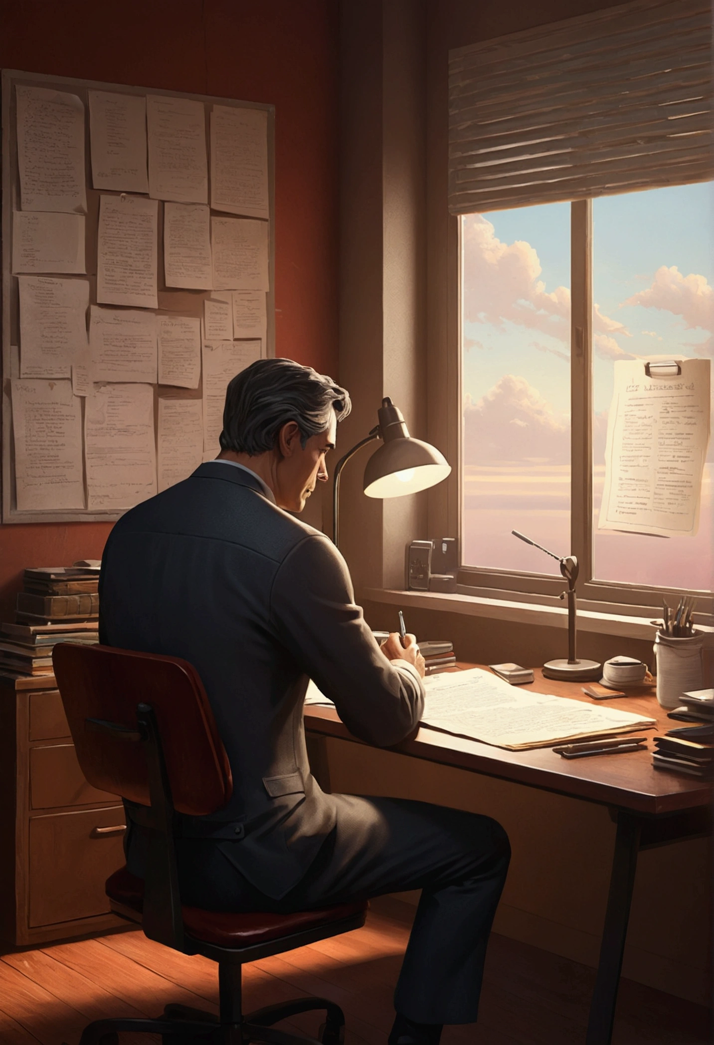 Illustrate a contemplative scene where a person sits at a desk with a list of priorities, reflecting on what truly matters in life, in the style of ArtStation, trend, cinematic, thriller.