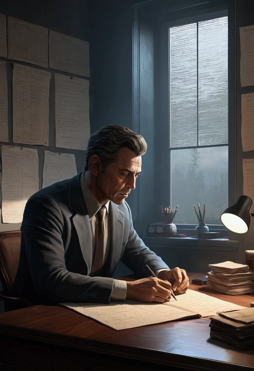 Illustrate a contemplative scene where a person sits at a desk with a list of priorities, reflecting on what truly matters in life, in the style of ArtStation, trend, cinematic, thriller.