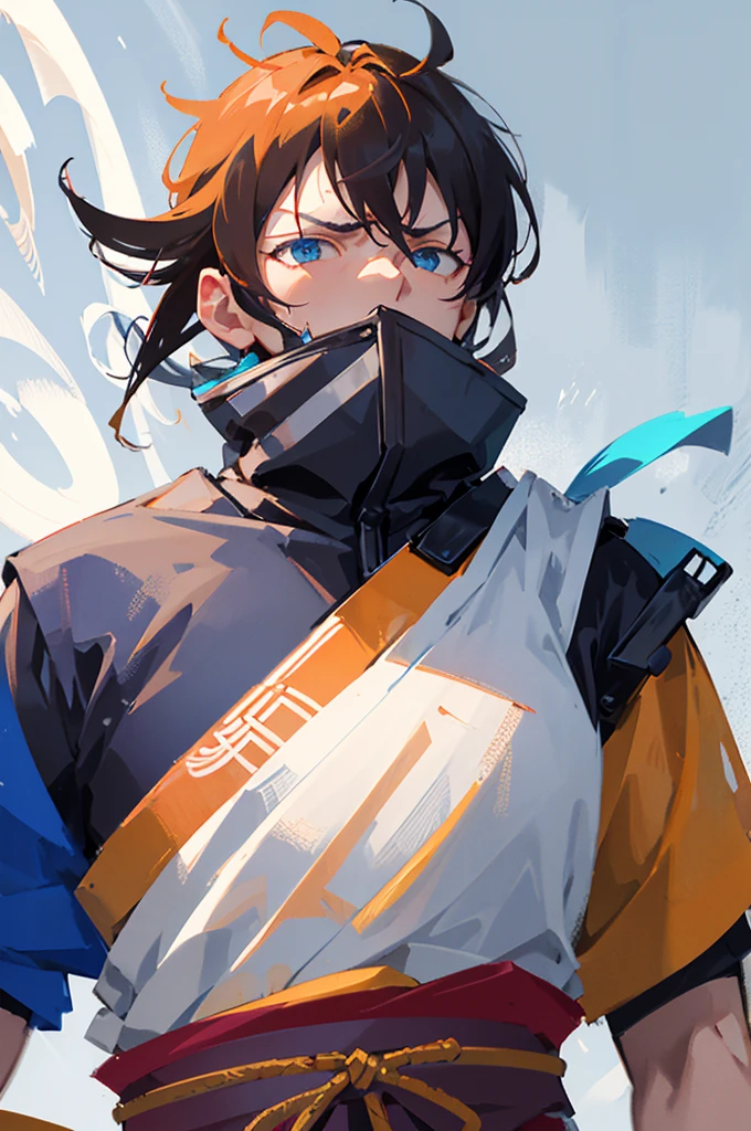 ultra closeup, Only the upper body is visible, portrait, 1 man, boy, Japanese samurai concept, Wearing techwear clothes, wandering warrior, Ninja, looks bad-tempered, Looks unlucky, looking cocky, Two-tone hair mixed with black and orange, Blue Eyes