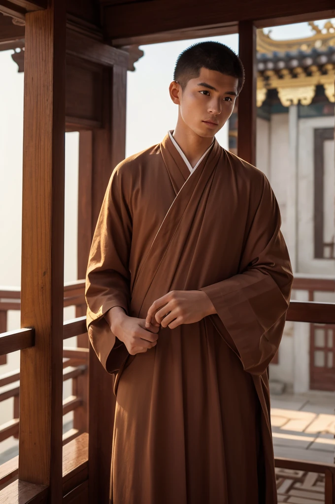 A monk in training, wearing the clothes of Buddha, with hair growing out, male in his 20s, calm atmosphere, location: temple