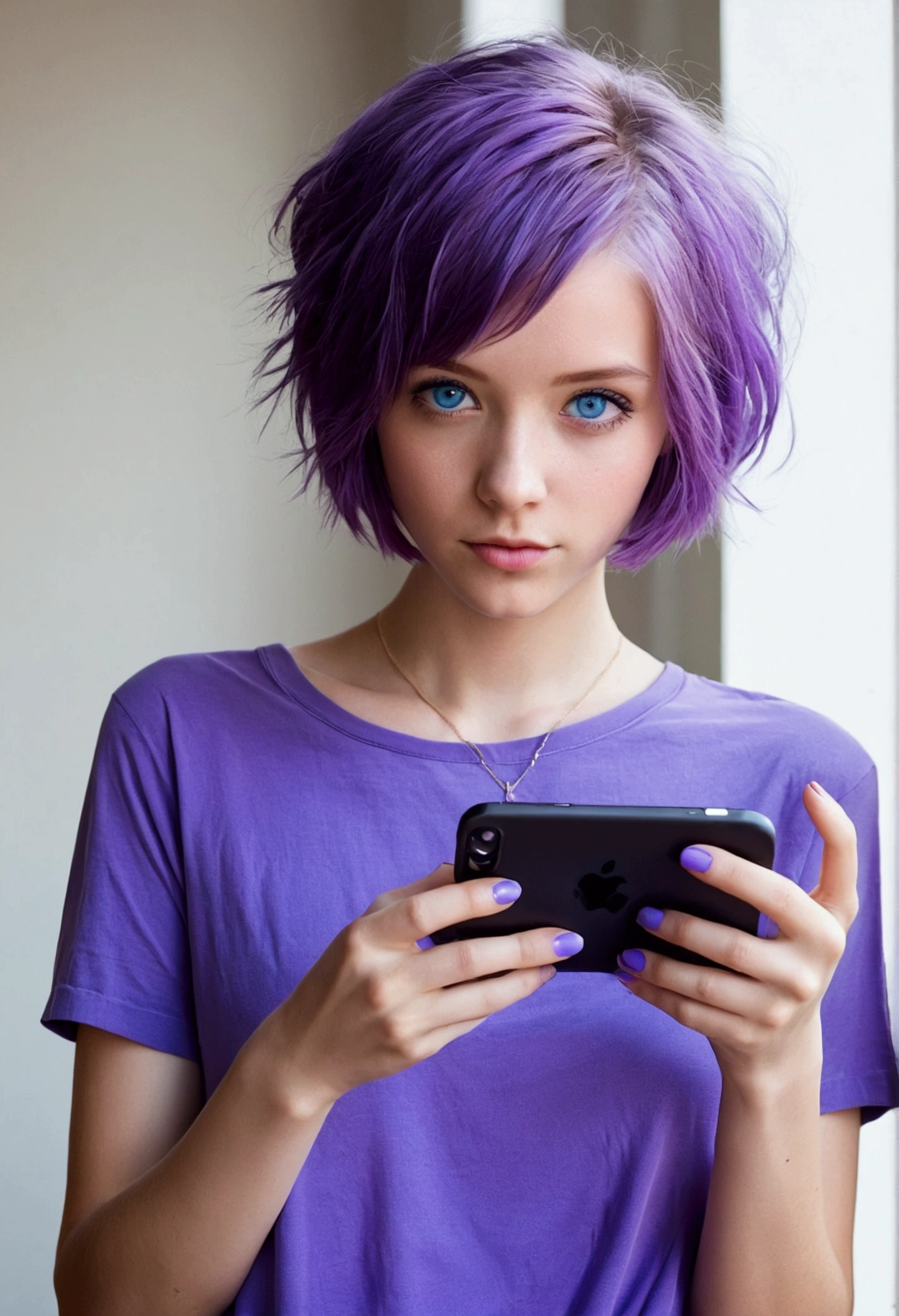 Cute girl, short hair, purple hair, blue eyes, skinny, purple shirt, hold a iPhone 