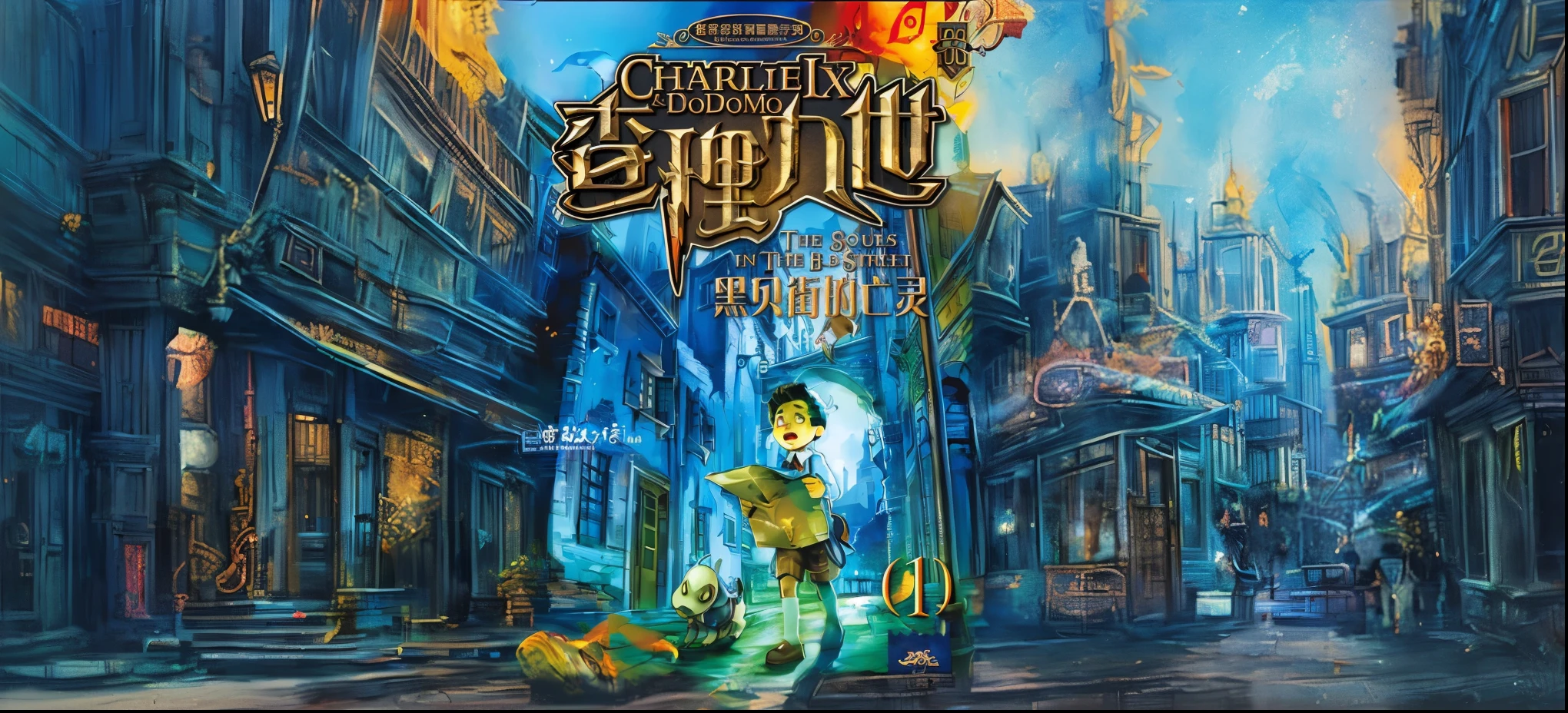 the cover of the game, called, is shown in a cartoon style, novel cover, by Qu Leilei, inspired by Li Shixing, cover illustration, by Ni Yuanlu, novel cover art for a book, inspired by Li Gonglin, inspired by Qu Leilei, inspired by Zou Zhe, qi sheng luo,street,ghost,blue cast,small town,classical,