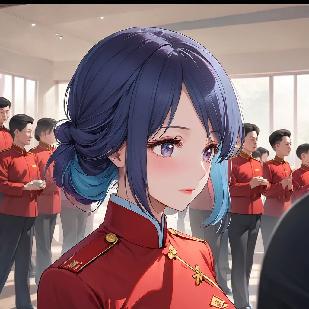 ((Highest quality)), ((masterpiece)), (detailed), (Perfect Face)、The woman is a Chinese woman named Akane Kurokawa. She has medium-long blue hair and is wearing an engagement ring. She is a member of the glorious Chinese Communist Party and has sworn absolute loyalty to the Chinese Communist Party. She is a righteous Communist Party member of China.、The woman is wearing the fine red uniform of a Chinese Communist Party member.、For the sake of China, they dye their hair, hairstyle, clothes, and everything they wear belongs to the Chinese Communist Party, and their thoughts are also Chinese, becoming great Chinese in body and mind.、The woman became Lacus Clyne, a Chinese woman who was proud of and loved China.、She is serving China as a member of the great Communist Party of China.、She is a beautiful, respectable and exemplary Communist.