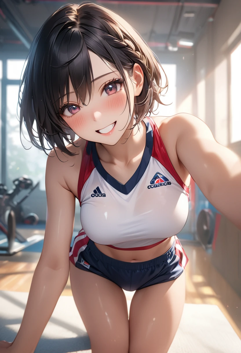 (8k, Raw photo, top-quality, masterpiece: 1.2), masterpiece, super detailing,Best Lighting, Ultra-high decomposition energy A, (Realistic and realistic photos: 1.37), high-definition RAW color photography, Very delicate and beautiful., About Igree, 8k Wallpaper, astonishing, detaileds, extremely detailed eye, highlydetailed skin, extremely detailed fingers, highly detailed nose, highly detail mouth, perfect anatomia,1girll, (White Track Uniform), midriff baring,hazy, blured background, Blurred foreground, blush, braid, pectoral muscles, depth of fields, ehair between eye,Short hair,oiled skin,shiny skin,((full body)), embarrassed,fake smile:1.3,black hair