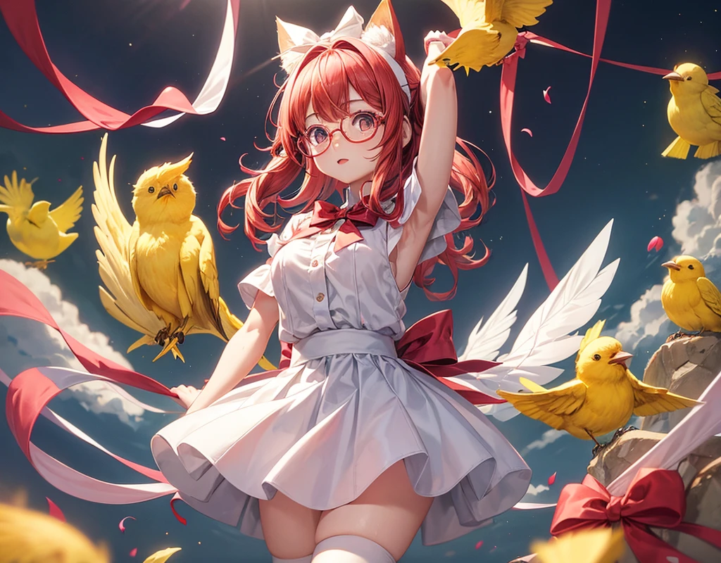 Cute anime girl, wearing a white  with a bow, the skirt is red, She has cat ears on her head and wears big round glasses, She has black eyes with heart pupils and a yellow bird sits on her head.
