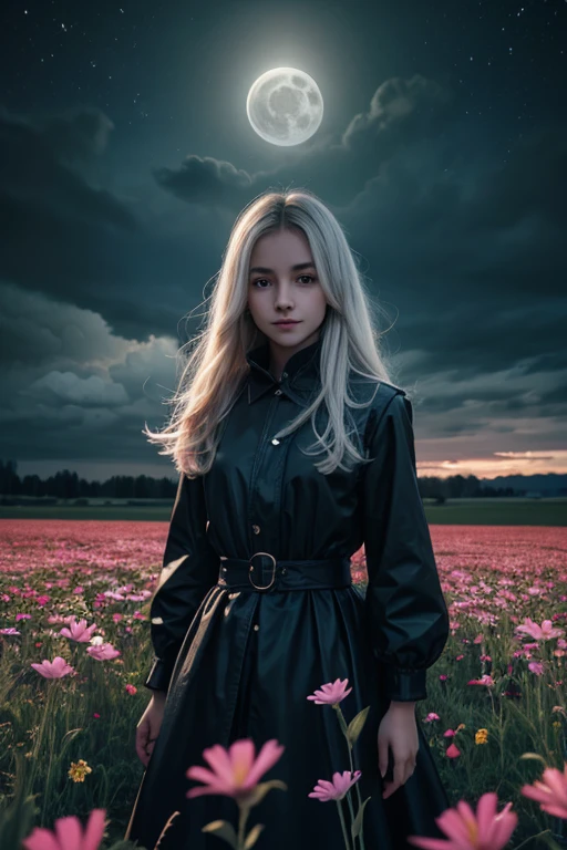 masterpiece, Best quality, 1 girl, (colorful),(finely detailed beautiful eyes and detailed face),cinematic worlding,bust shot,чрезвычайно подробные обои CG Unity 8k,White hair,One,smile,intricate skirt,((flying petal)),(flower meadow) sky, Mainly cloudy_sky, Building, moonworld, moon, night, (dark theme:1.3), world, Fantasy,