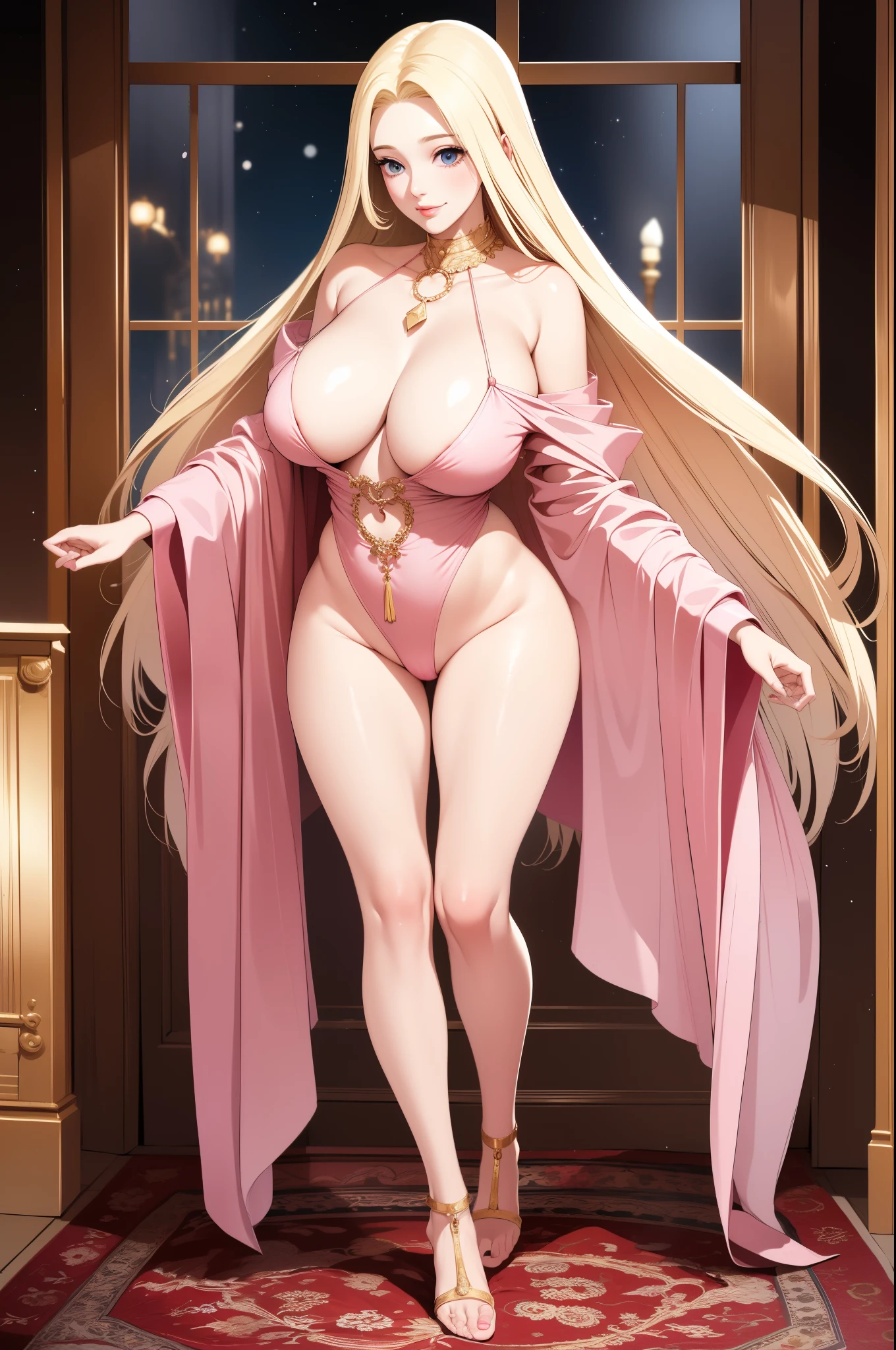 An extremely beautiful stunning woman with a perfect busty body, gold blonde long silky hair, big blue eyes, extremely super bright snow white fair stunning flawless glowing lush shiny white skin, a perfect tight hourglass figure, and a skinny waist, sexy thick smooth luscious legs, and thighs, extremely cute smile on the face, bright pink blushes on cheeks, wearing a short pink satin robe with a white sash, white slippers, gold necklace on the neck, gold anklets on feet, gold chain on the waist, standing straight, holding red roses, living room in the background, night time, show full body from head to feet.