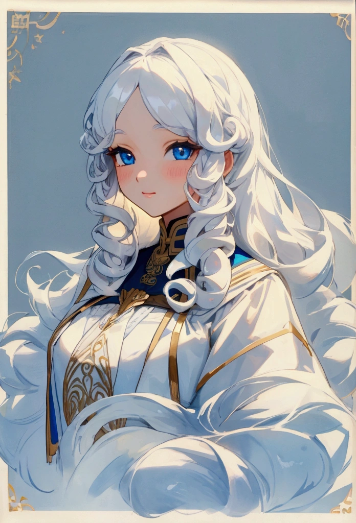 female, white curly long hair, blue eyes, student, Beauty