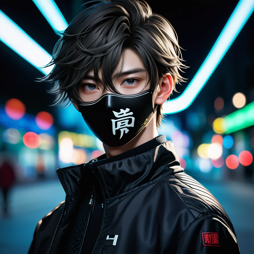 Meticulous, analog style, focus on the eyes, highest quality, (highly detailed skin), photo of very handsome pale skin Chinese donghua boy, 21 years old, (Cyber), cyber jacket, face mask, perfect face, pore skin, (penetration:0.5), black background, (bokeh:0.6), sharp focus, grainy lighting, (backlight:0.7), film grain, photographed with Sony A7R IV camera, 18mm F/1.7 cine lens, (highly detailed, intricate detail), 8k, HDR, front view, (full body: 16,9)