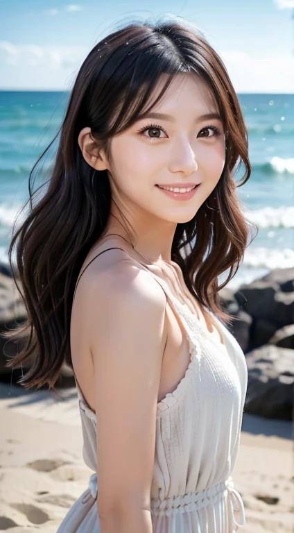 A woman looking at the camera with a natural smile。With a relaxed look、Long black hair。 Shooting at the beach with waves lapping in the background Shot from a low angle、The beach is the background。Natural light。