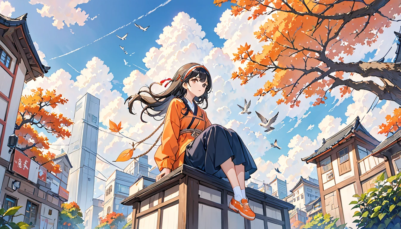 1 Girl、Orange shoes、One person、Sitting、null、cloud、Outdoor、Black Hair、bird、Upward view、青いnull、White socks、Daytime、Orange Jacket、building、Long sleeve、leaf、Long Hair、赤いHeadband、Pump rope、Headband、bangs、曇りnull、from_below、Wide_shot