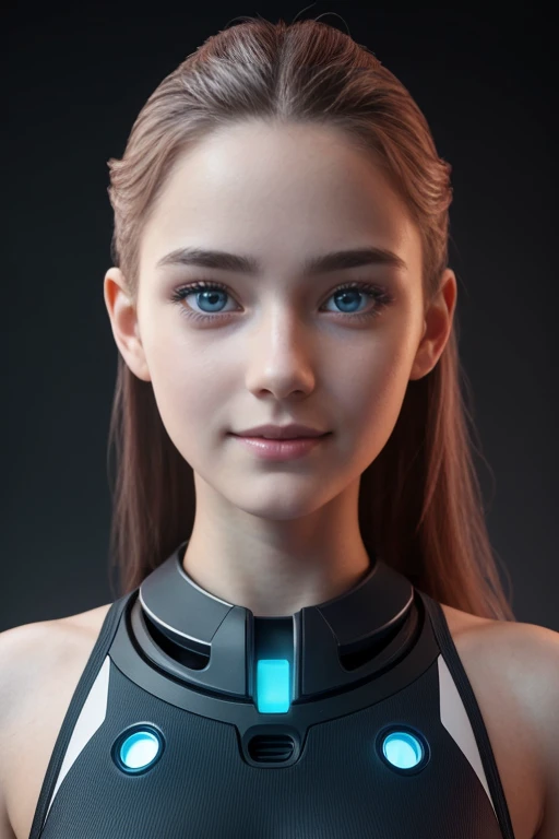 16 years old robo girl, beautiful big striking blue eyes, delicate black eyebrows, rosy cheeks, red lips, smiling face very white skin, long wavy orange hair cascading around her face and shoulders, detailed eyelashes, photorealistic cyberpunk style, perfectly focused, creamy smooth complexion, beautifully lit by soft diffused studio lights, extremely fine details, finely textured skin and hair full head to toe photo, wearing sport leggings, cyberpunk, 🤖