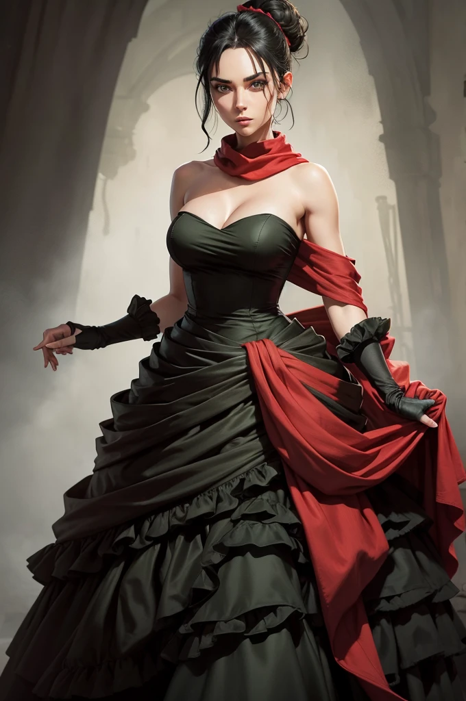 fullbody view, female, intense green eyes, black hair tied to a bun, strapless full dress, red scarf around her neck, long silk gloves, a fabric is wrapped around her waist