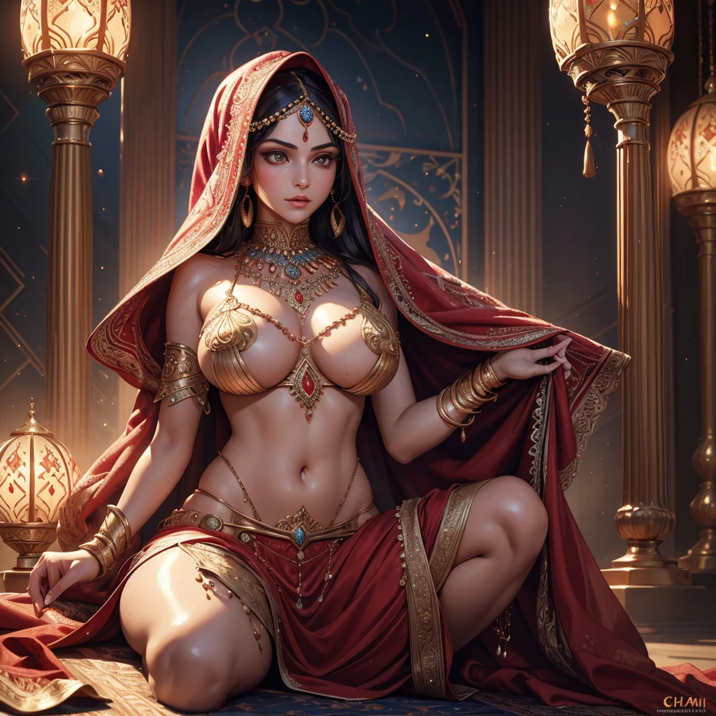 a beautiful detailed persian princess wearing a red hijab and burkha with intricate patterns and an ornate headpiece, entire body covered with glistening sweat , visible sweat dripping armpits, long eyelashes, beautiful detailed eyes and lips, full body visible, big breasts, elegant detailed clothing and golden jewelry, serene expression, mysterious, dramatic cinematic lighting, vibrant colors, chiaroscuro, digital painting, (best quality,4k,8k,highres,masterpiece:1.2),ultra-detailed,(realistic,photorealistic,photo-realistic:1.37)