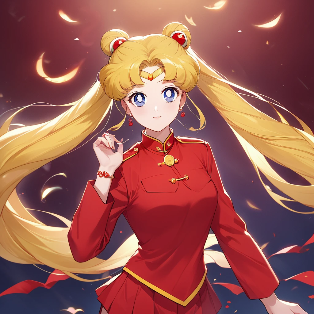 ((Highest quality)), ((masterpiece)), (detailed), （Perfect Face）、The woman is a Chinese girl named Tsukino Usagi. She has blue eyes, long blonde hair, and a twin-tailed chignon. She is wearing an engagement ring. She is a member of the glorious Chinese Communist Party and has sworn absolute loyalty to the Communist Party of China. She is a righteous Communist Party member of China.、The woman is wearing the fine red uniform of a Chinese Communist Party member.、For the sake of China, they dye their hair, hairstyle, clothes, and everything they wear belongs to the Chinese Communist Party, and their thoughts are also Chinese, becoming great Chinese in body and mind.、The woman became Lacus Clyne, a Chinese woman who was proud of and loved China.、She is serving China as a member of the great Communist Party of China.、She is a beautiful, respectable and exemplary Communist.