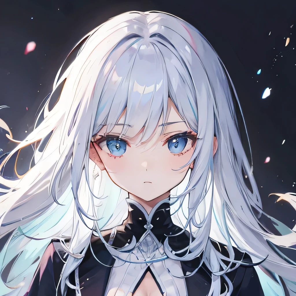 Silver hair, long hair, light blue eyes, cute face, B CUP