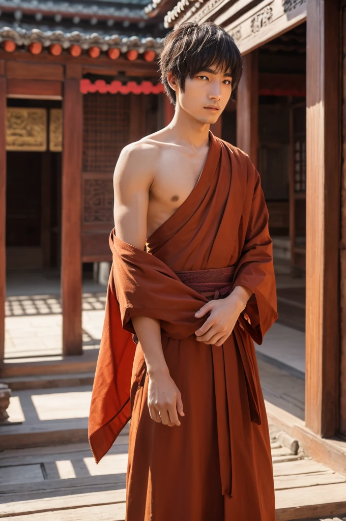 A monk in training, wearing the clothes of Buddha, with hair growing out, male in his 20s, calm atmosphere, location: temple