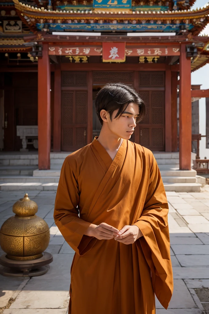 A monk in training, wearing the clothes of Buddha, with hair growing out, male in his 20s, calm atmosphere, location: temple