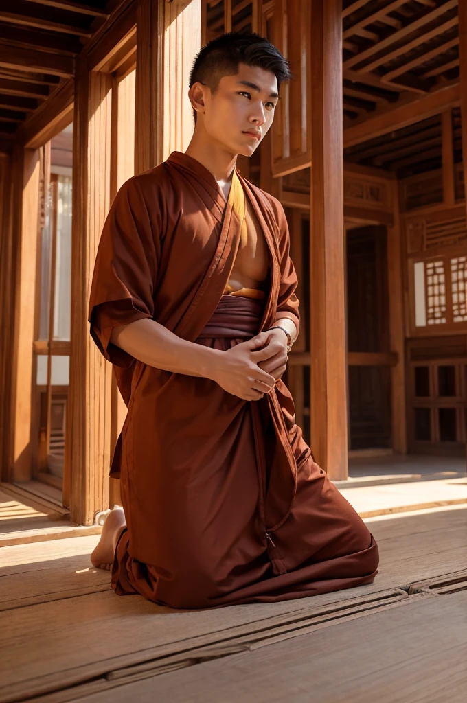 A monk in training, wearing the clothes of Buddha, with hair growing out, male in his 20s, calm atmosphere, location: temple