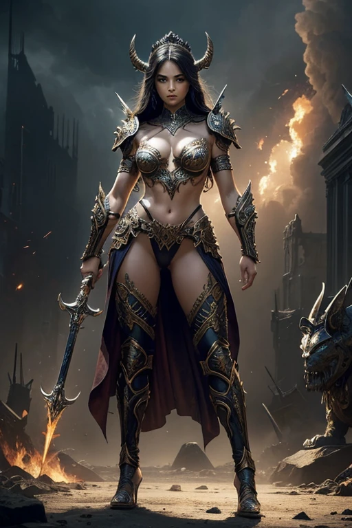 masterpiece, best quality,adult,A goddess of war with glowing eyes, magical tattoos, battle scars on her skin, and a mystical bloodied weapon in her hand, standing in a powerful pose with intricately designed mythic motifs on her armor, against a chaotic battlefield illuminated by otherworldly light, with fallen enemies at her feet