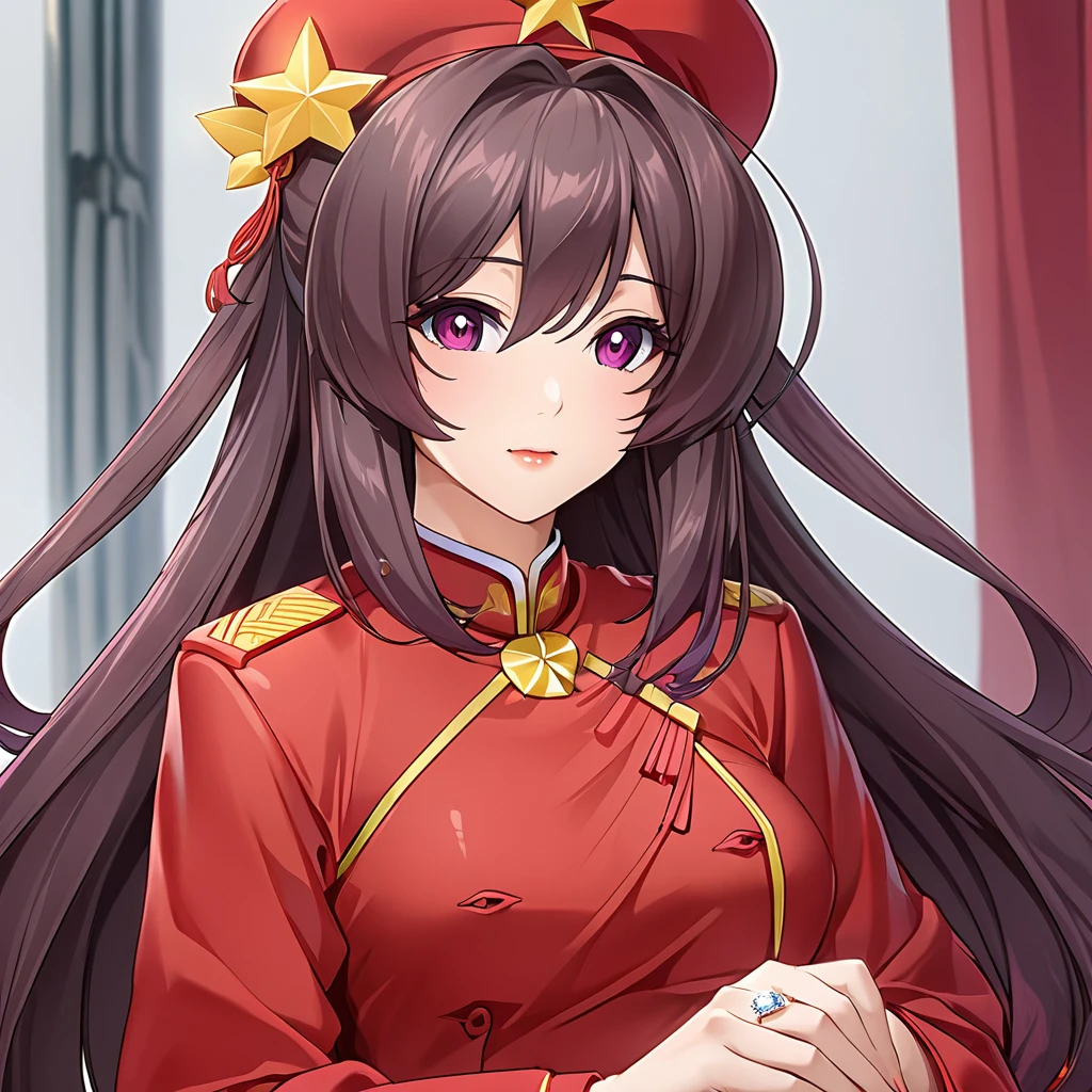 ((Highest quality)), ((masterpiece)), (detailed), （Perfect Face）、The woman is Chinese, Katsuragi Marina, a Chinese woman with brown, medium-long hair and an engagement ring. She is a member of the glorious Chinese Communist Party and has sworn absolute loyalty to the Chinese Communist Party. She is a righteous Communist Party member of China.、The woman is wearing the fine red uniform of a Chinese Communist Party member.、For the sake of China, they dye their hair, hairstyle, clothes, and everything they wear belongs to the Chinese Communist Party, and their thoughts are also Chinese, becoming great Chinese in body and mind.、The woman became Lacus Clyne, a Chinese woman who was proud of and loved China.、She is serving China as a member of the great Communist Party of China.、She is a beautiful, respectable and exemplary Communist.