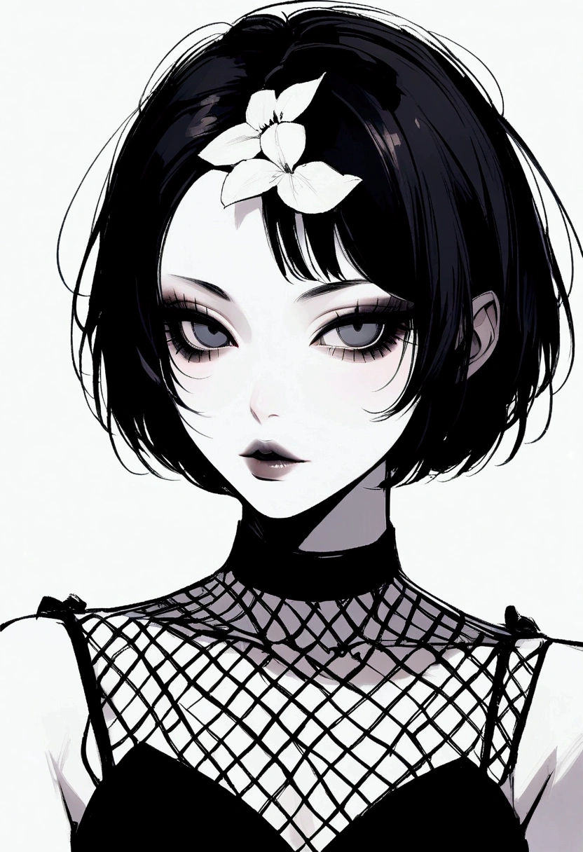 Gothic girl, face focus, slim, delicate, pale skin, lipgloss, boyish haircut, fishnet, smokey eye, beautiful, blunt, very short hair, pale lips, no eyebrows