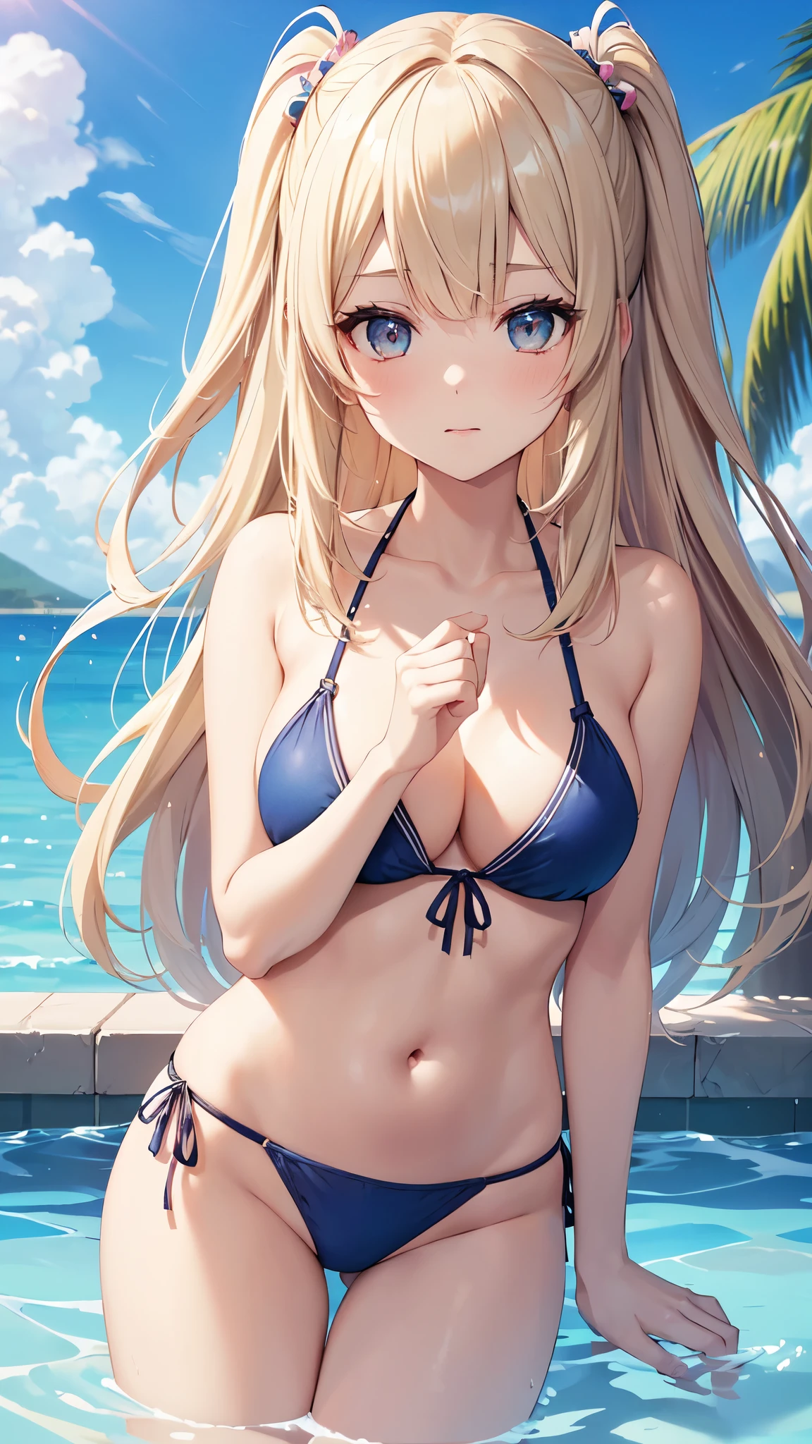 ((Best Quality)), (ultra-detailliert), ((Extremely detailed)), (Beautiful), ((Kawaii Girl)), ((UHD)), (masterpiece), (high quality), (best quality), (4K), (high quality), 1, solo girl, 1girl, ((platinum blond hair)), parted bangs, ((hair intakes)), long hair, (hair two side up long), ((jade colored eyes)), slanted eyes, large breasts, slender body, (layered bikini), Pool Background, (blue sky:1.3), solar, sunlight, anime style