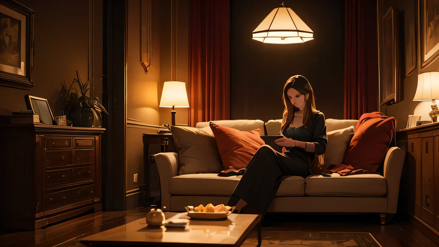 A woman sitting on the sofa browsing her phone in a cinematic and detailed scene. The setting has a warm and cozy atmosphere, with soft lighting casting a gentle glow on the surroundings.