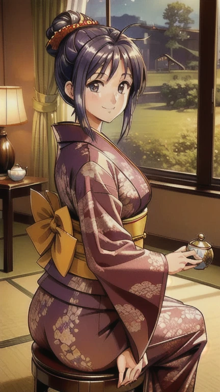 ((masterpiece)),((Ayako Katagiri)),((Katagiri Ayako)),((Full smile)),((Smile)),((happiness)),Healthy Beauty,((((tea time)))),(((kimono))),sexy,(((Antique style hotel room)))