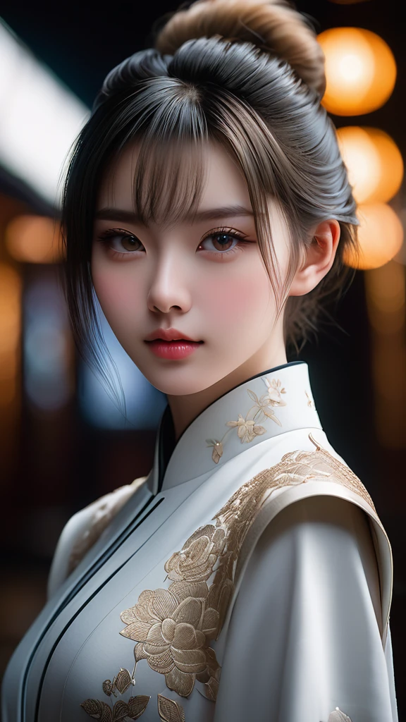 Meticulous, analog style, focus on the eyes, highest quality, (highly detailed skin), photo of very handsome pale skin Chinese donghua girl, 21 years old, (Cyber), perfect face, pore skin, (penetration:0.5), black background, (bokeh:0.6), sharp focus, grainy lighting, (backlight:0.7), film grain, photographed with Sony A7R IV camera, 18mm F/1.7 cine lens, (highly detailed, intricate detail), 8k, HDR, front view, (full body: 16,9)