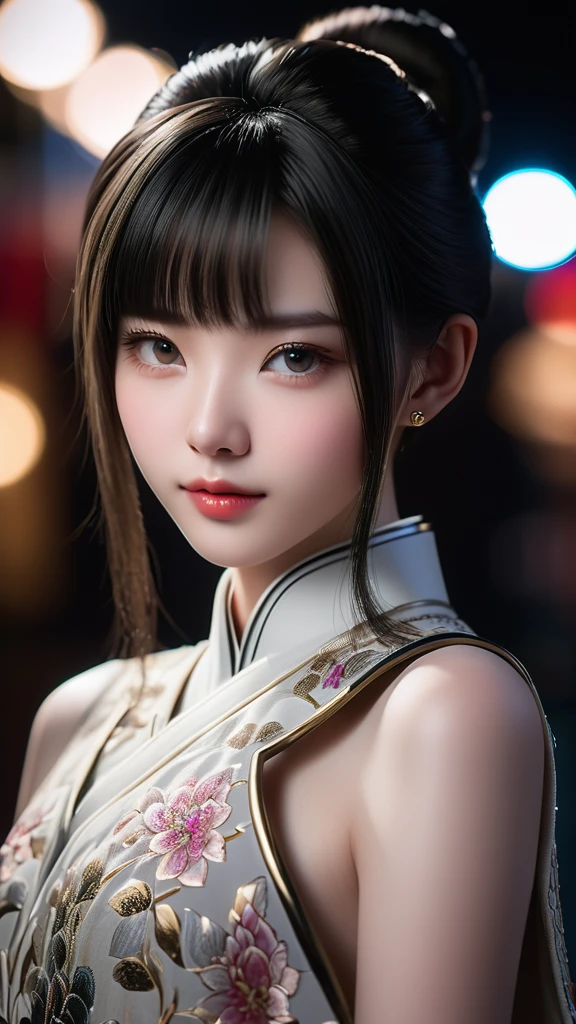 Meticulous, analog style, focus on the eyes, highest quality, (highly detailed skin), photo of very handsome pale skin Chinese donghua girl, 21 years old, (Cyber), perfect face, pore skin, (penetration:0.5), black background, (bokeh:0.6), sharp focus, grainy lighting, (backlight:0.7), film grain, photographed with Sony A7R IV camera, 18mm F/1.7 cine lens, (highly detailed, intricate detail), 8k, HDR, front view, (full body: 16,9)