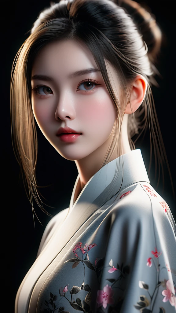 Meticulous, analog style, focus on the eyes, highest quality, (highly detailed skin), photo of very handsome pale skin Chinese donghua girl, 21 years old, (Cyber), perfect face, pore skin, (penetration:0.5), black background, (bokeh:0.6), sharp focus, grainy lighting, (backlight:0.7), film grain, photographed with Sony A7R IV camera, 18mm F/1.7 cine lens, (highly detailed, intricate detail), 8k, HDR, front view, (full body: 16,9)