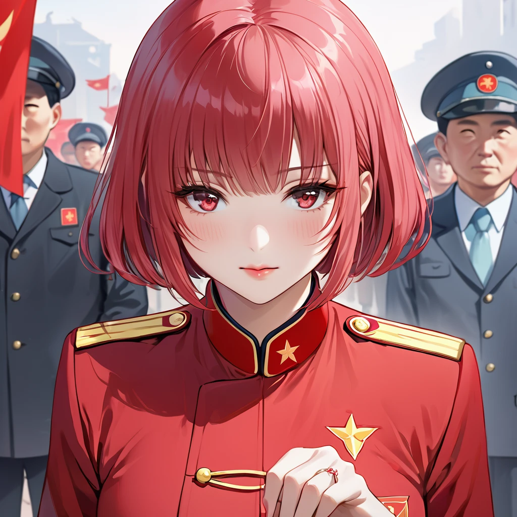 ((Highest quality)), ((masterpiece)), (detailed), （Perfect Face）、The woman is Chinese Momo Belia Deviluke, a Chinese woman with pink short bob hair and an engagement ring. She has become a member of the glorious Chinese Communist Party and swears absolute loyalty to the Chinese Communist Party. She is a righteous Communist Party member of China.、The woman is wearing the fine red uniform of a Chinese Communist Party member.、For the sake of China, they dye their hair, hairstyle, clothes, and everything they wear belongs to the Chinese Communist Party, and their thoughts are also Chinese, becoming great Chinese in body and mind.、The woman became Lacus Clyne, a Chinese woman who was proud of and loved China.、She is serving China as a member of the great Communist Party of China.、She is a beautiful, respectable and exemplary Communist.