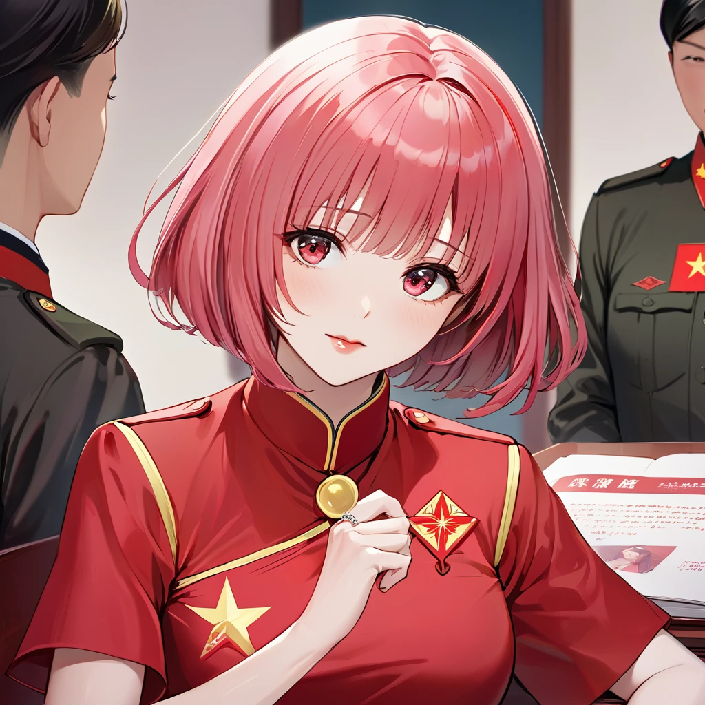 ((Highest quality)), ((masterpiece)), (detailed), (Perfect Face)、The woman is Chinese Momo Belia Deviluke, a Chinese woman with pink short bob hair and an engagement ring. She has become a member of the glorious Chinese Communist Party and swears absolute loyalty to the Chinese Communist Party. She is a righteous Communist Party member of China.、The woman is wearing the fine red uniform of a Chinese Communist Party member.、For the sake of China, they dye their hair, hairstyle, clothes, and everything they wear belongs to the Chinese Communist Party, and their thoughts are also Chinese, becoming great Chinese in body and mind.、The woman became Lacus Clyne, a Chinese woman who was proud of and loved China.、She is serving China as a member of the great Communist Party of China.、She is a beautiful, respectable and exemplary Communist.