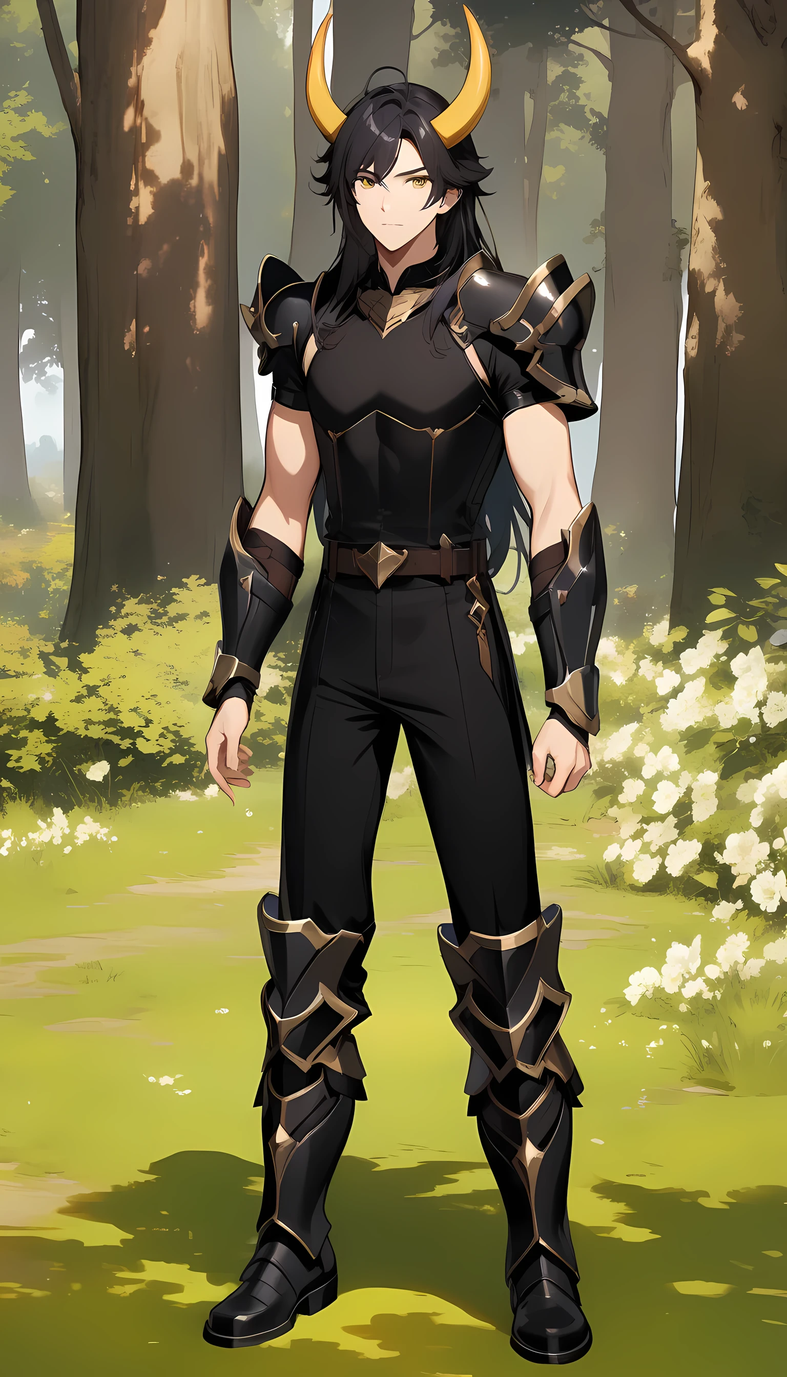 Masterpiece, 1man, armor, belt, black hair, long hair, boots, black armored boots, full body, horns, shoulder pads, male focus, outdoors, personification, solo, standing, tree, yellow eyes, forest, looking at viewer, Genshin Impact style