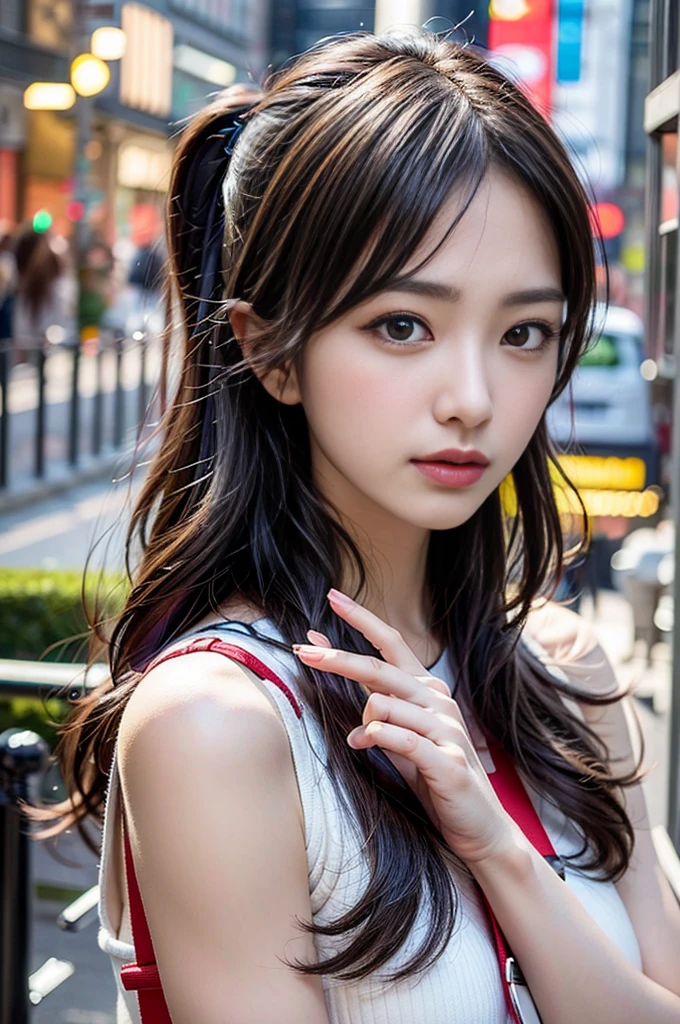 Remove the finger in the lower right corner,Display the background,The woman’s right shoulder strap is redundant,Remove the shoulder straps