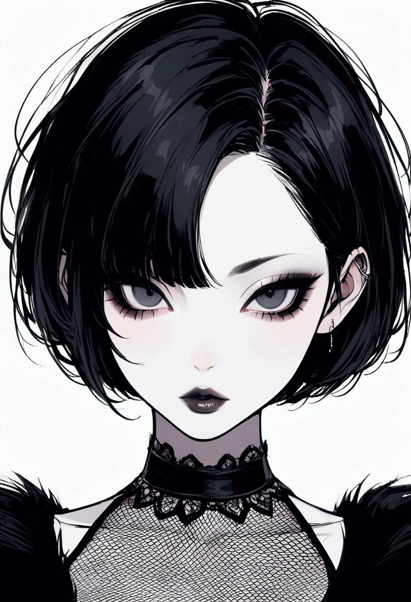 Gothic girl, face focus, slim, delicate, pale skin, lipgloss, boyish haircut, fishnet, smokey eye, beautiful, blunt, very short hair, pale lips, no eyebrows