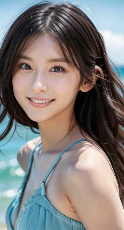 A woman looking at the camera with a natural smile。With a relaxed look、Long black hair。 Shooting at the beach with waves lapping in the background　Shot from a low angle、The beach is the background。Natural light。