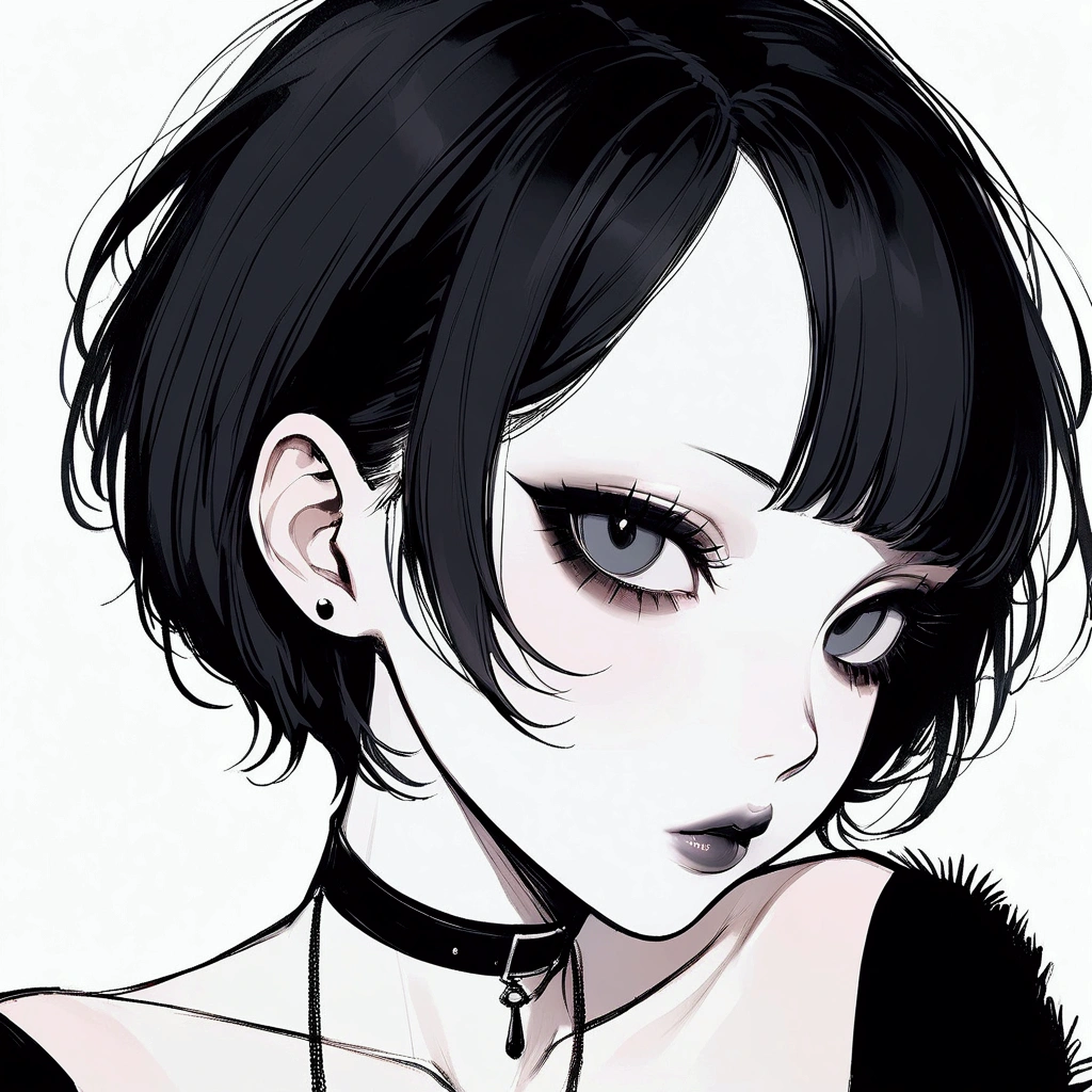 Gothic girl, face focus, slim, delicate, pale skin, lipgloss, boyish haircut, fishnet, smokey eye, beautiful, blunt, very short hair, pale lips, no eyebrows