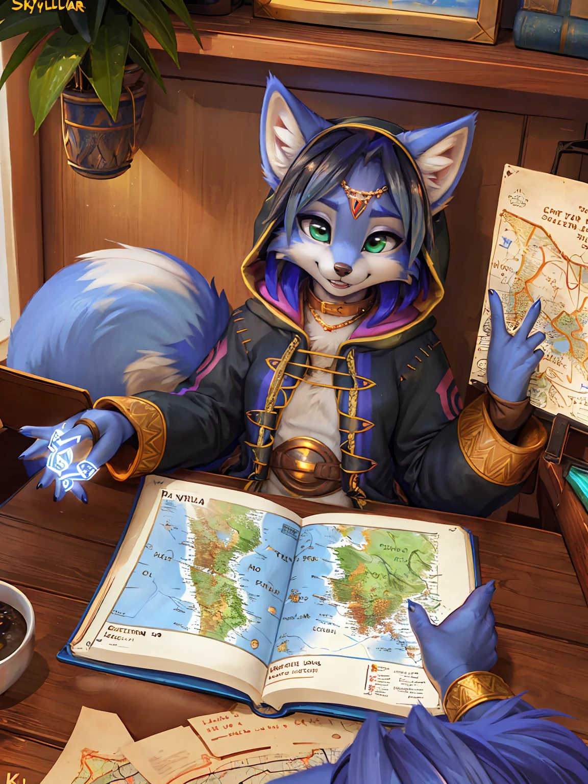 A beautiful and detailed (sweet picture) wa ((krystal)), Star Fox Krystal, sslim, lovable, green eyes, medium breasts, (((Long blue hair 1.3))),  ((black hair tips)), Decollete, grin, look up,, anthro, furry, Uploaded E621, detailed fluffy fur, (wa Fluff-Kevlar, Bayard Wu, personalize me, Pino Daeni), detailed face, (fluffy), 1 girl, alone,  Tribal clothing, sweet girl, alone, mage, gown, hood, Hose, gloves, Mapnspielen, Hold, Map, table, Hold Map, meeting, indoors, playing Map, pov across table,