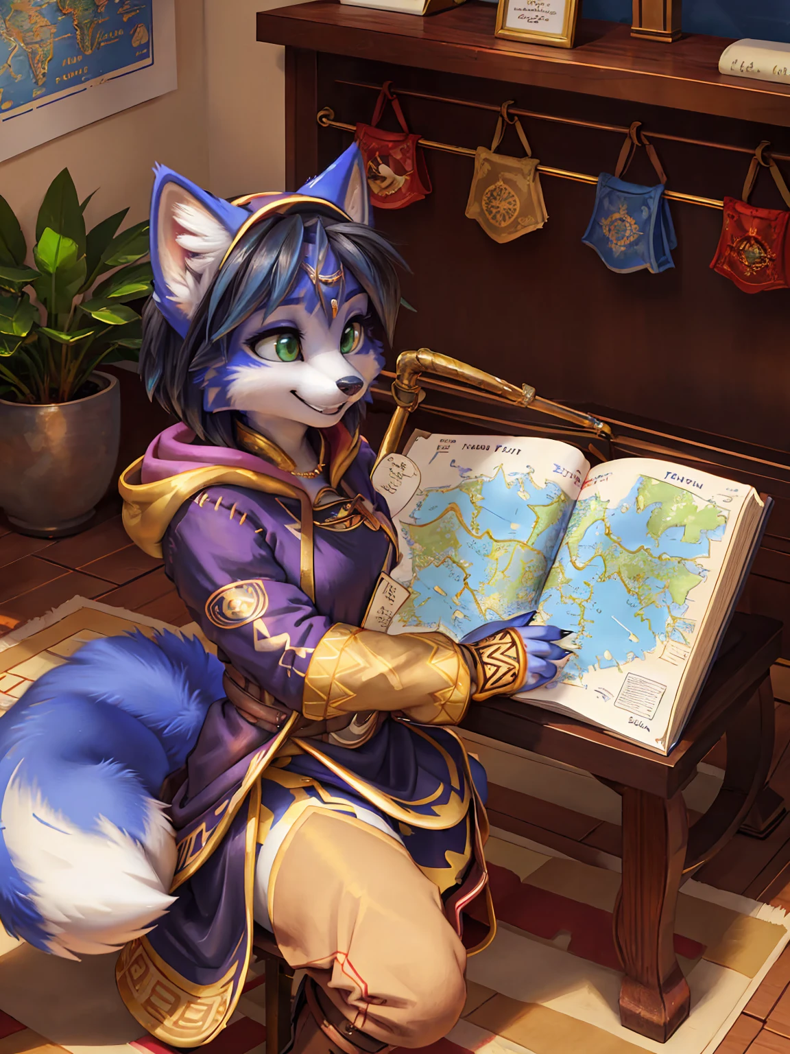 A beautiful and detailed (sweet picture) wa ((krystal)), Star Fox Krystal, sslim, lovable, green eyes, medium breasts, (((Long blue hair 1.3))),  ((black hair tips)), Decollete, grin, look up,, anthro, furry, Uploaded E621, detailed fluffy fur, (wa Fluff-Kevlar, Bayard Wu, personalize me, Pino Daeni), detailed face, (fluffy), 1 girl, alone,  Tribal clothing, sweet girl, alone, mage, gown, hood, Hose, gloves, Mapnspielen, Hold, Map, table, Hold Map, meeting, indoors, playing Map, pov across table,