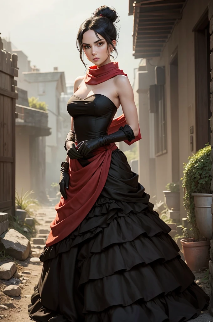 fullbody view, female, intense green eyes, black hair tied to a bun, strapless full dress, red scarf around her neck, long silk gloves, a fabric is wrapped around her waist
