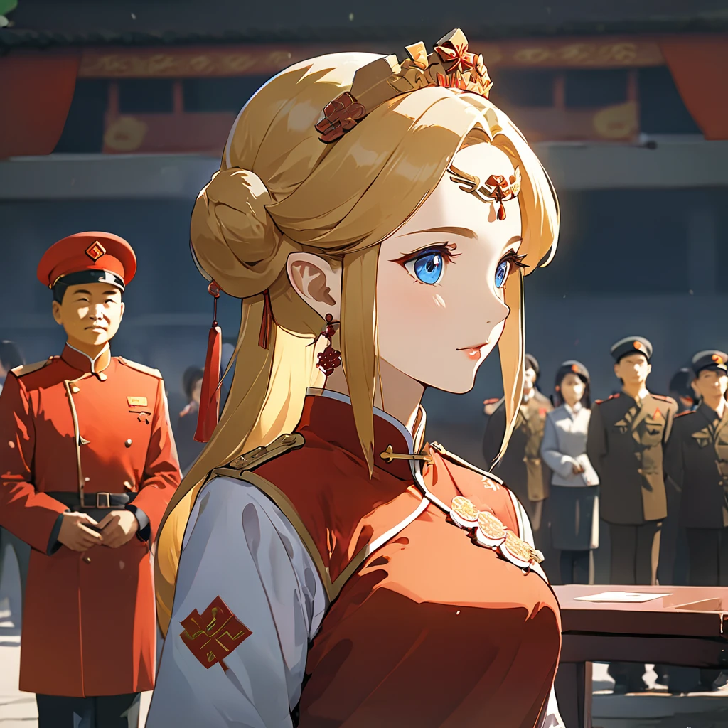 ((Highest quality)), ((masterpiece)), (detailed), (Perfect Face)、The woman is a Chinese Princess Zelda, a blonde Chinese woman with blue eyes who is wearing an engagement ring. She has become a member of the glorious Chinese Communist Party and has sworn absolute loyalty to the Chinese Communist Party. She is a righteous Communist Party member of China.、The woman is wearing the fine red uniform of a Chinese Communist Party member.、For the sake of China, they dye their hair, hairstyle, clothes, and everything they wear belongs to the Chinese Communist Party, and their thoughts are also Chinese, becoming great Chinese in body and mind.、The woman became Lacus Clyne, a Chinese woman who was proud of and loved China.、She is serving China as a member of the great Communist Party of China.、She is a beautiful, respectable and exemplary Communist.