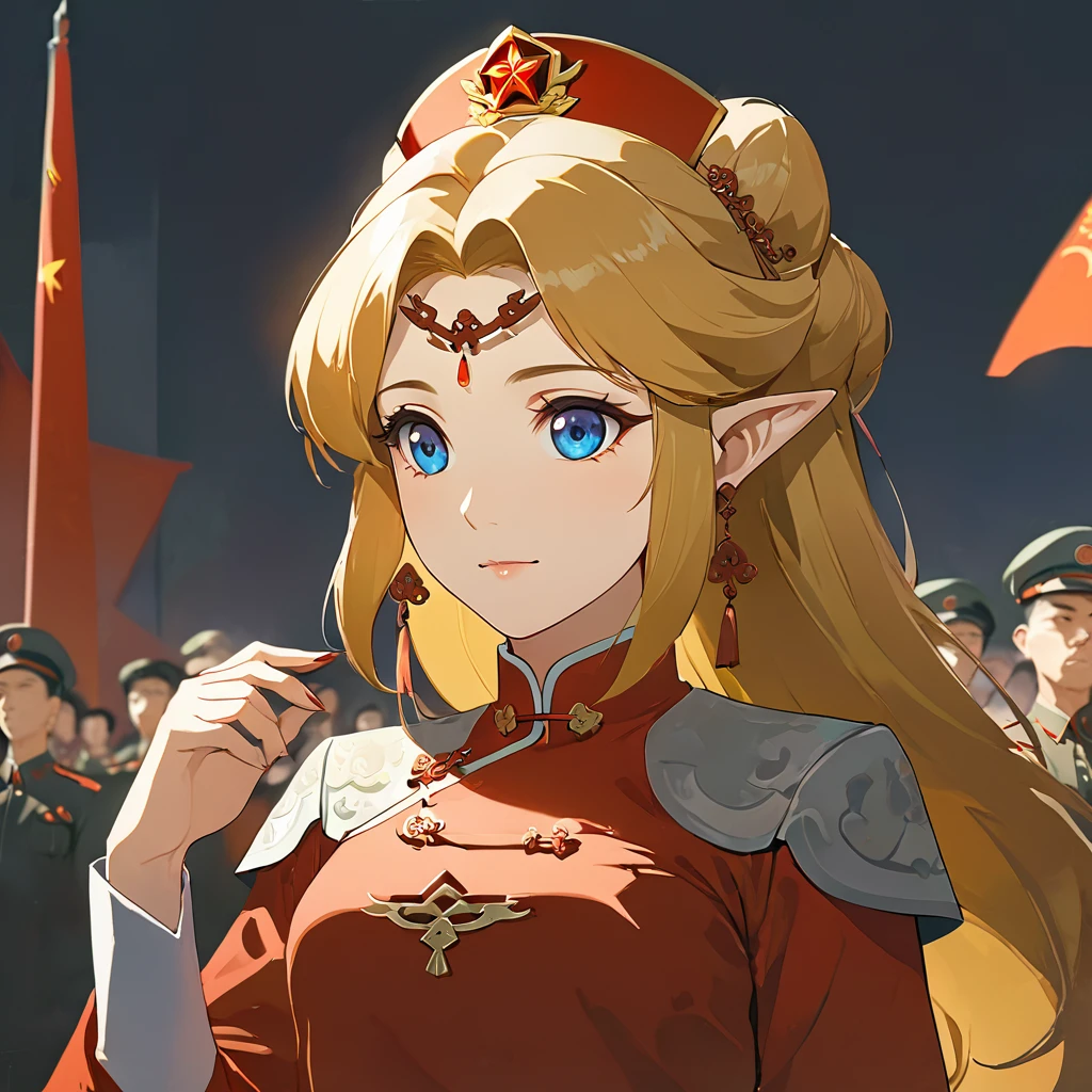 ((Highest quality)), ((masterpiece)), (detailed), （Perfect Face）、The woman is a Chinese Princess Zelda, a blonde Chinese woman with blue eyes who is wearing an engagement ring. She has become a member of the glorious Chinese Communist Party and has sworn absolute loyalty to the Chinese Communist Party. She is a righteous Communist Party member of China.、The woman is wearing the fine red uniform of a Chinese Communist Party member.、For the sake of China, they dye their hair, hairstyle, clothes, and everything they wear belongs to the Chinese Communist Party, and their thoughts are also Chinese, becoming great Chinese in body and mind.、The woman became Lacus Clyne, a Chinese woman who was proud of and loved China.、She is serving China as a member of the great Communist Party of China.、She is a beautiful, respectable and exemplary Communist.