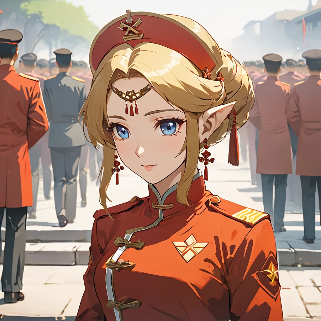 ((Highest quality)), ((masterpiece)), (detailed), (Perfect Face)、The woman is a Chinese Princess Zelda, a blonde Chinese woman with blue eyes who is wearing an engagement ring. She has become a member of the glorious Chinese Communist Party and has sworn absolute loyalty to the Chinese Communist Party. She is a righteous Communist Party member of China.、The woman is wearing the fine red uniform of a Chinese Communist Party member.、For the sake of China, they dye their hair, hairstyle, clothes, and everything they wear belongs to the Chinese Communist Party, and their thoughts are also Chinese, becoming great Chinese in body and mind.、The woman became Lacus Clyne, a Chinese woman who was proud of and loved China.、She is serving China as a member of the great Communist Party of China.、She is a beautiful, respectable and exemplary Communist.