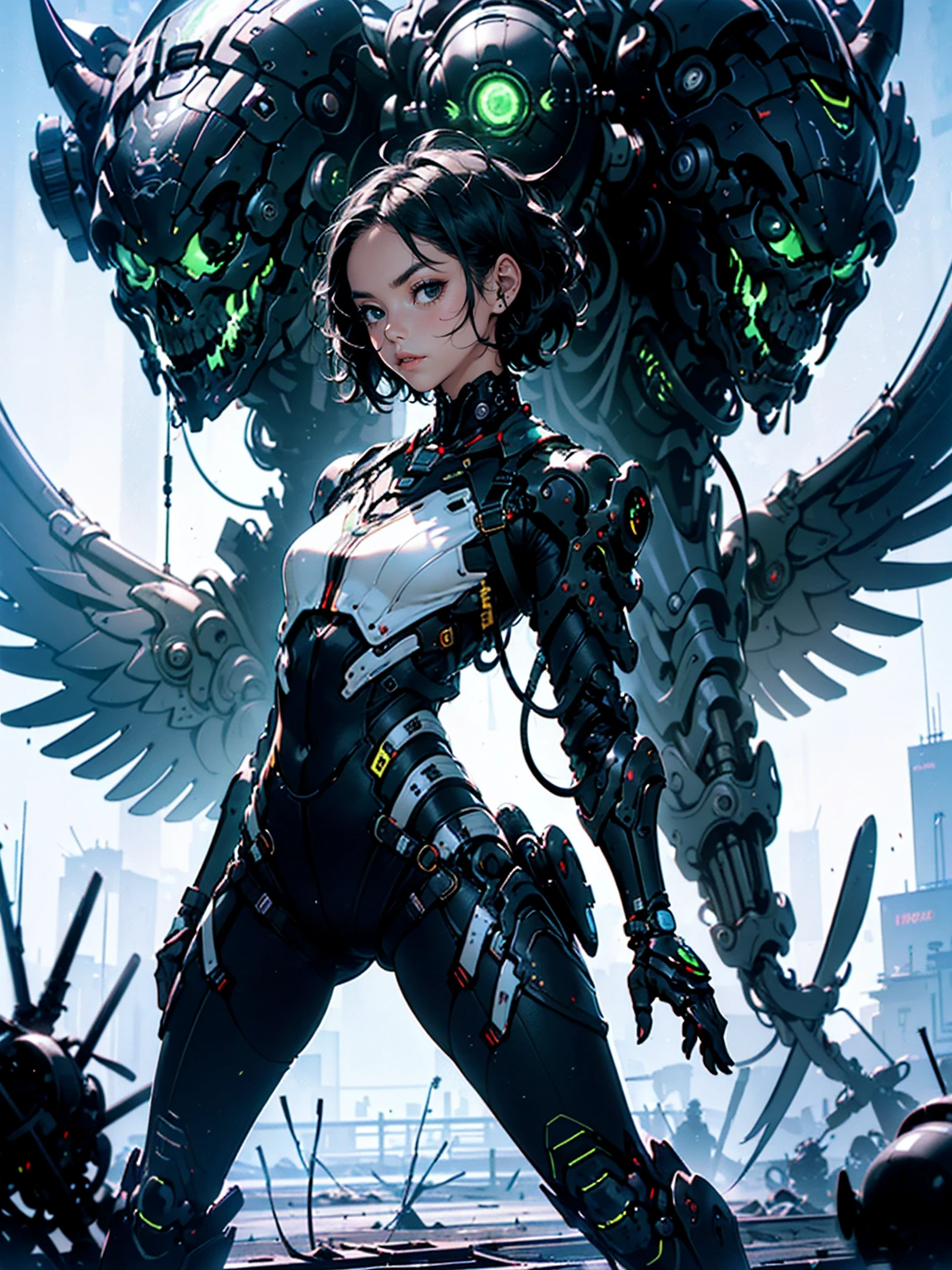 ((woman, small bust, short hair, black hair, black eyes, full body, fighting pose)), Mechanobiology:1.5,(Highest quality,Extremely detailed depiction,Incredibly absurd high resolution,Anatomically accurate depiction),Female type,Highly precise machine,Black futuristic exoskeleton,Mechanical wings,Mechanical thrusters,Flying in the sky,