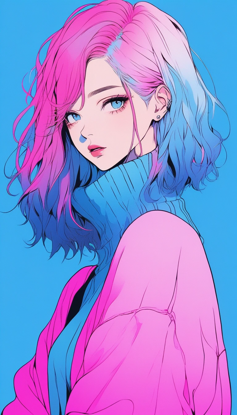 Illustrator, anime , Realistic ,sketch , 1 girl, ,lip, sweater,order, Blue gradient background, Neon Hair,Texture Trim, Canadian, (masterpiece,Highest quality) Cancer