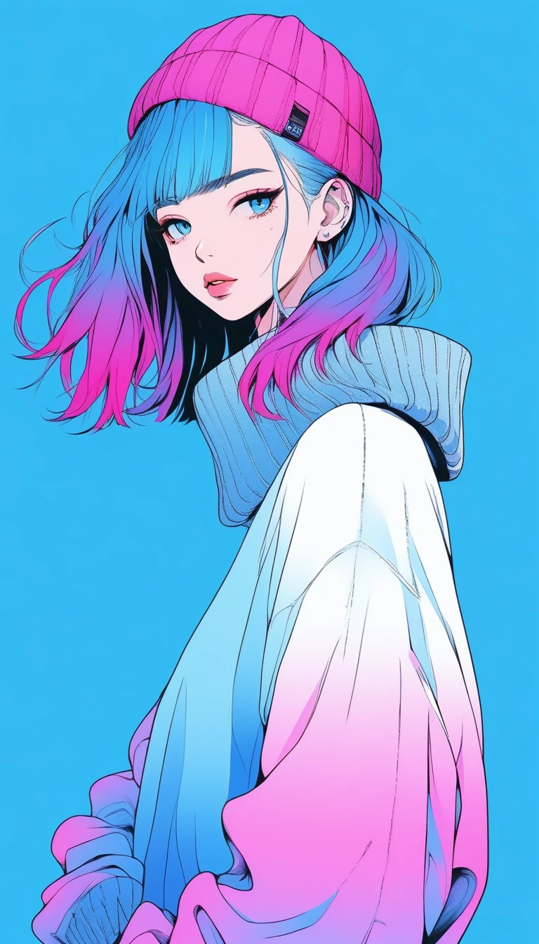 Illustrator, anime , Realistic ,sketch , 1 girl, ,lip, sweater,order, Blue gradient background, Neon Hair,Texture Trim, Canadian, (masterpiece,Highest quality) Cancer