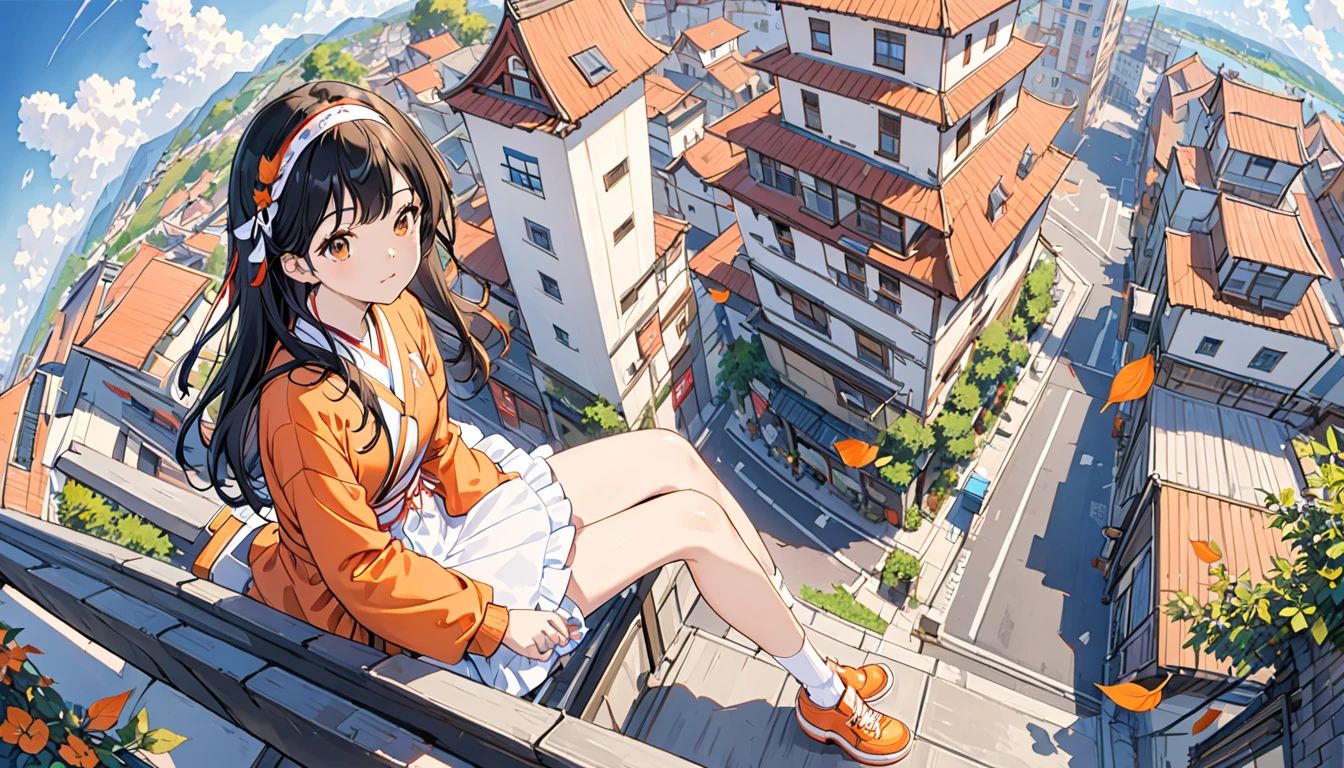 1 Girl、Orange shoes、One person、Top view、Sitting、null、cloud、Outdoor、Black Hair、bird、Upward view、青いnull、White socks、Daytime、Orange Jacket、building、Long sleeve、leaf、Long Hair、赤いHeadband、Pump rope、Headband、bangs、曇りnull、from_below、Wide_shot