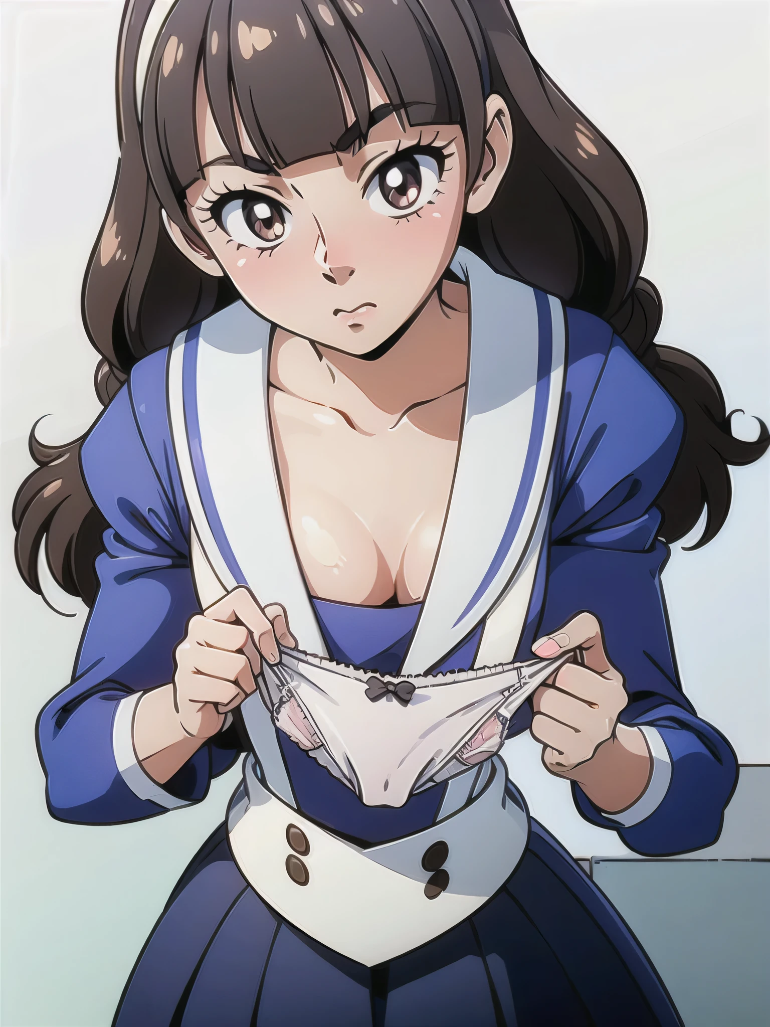 1 girl, (solo), ((amanogawaki)), best quality, highres, high quality, 8k, HD, super detail, anatomically correct, UHD, accurate, (masterpiece:1.2), (high quality:1.0), (ultra detailed), (no Background), (White Background), (Embarrassed), Blushing, Looking away, Brat, ((Adult)), (Blue White Uniform), Uniform Skirt, Adult, Yellow Headband, ((holding panties, Panty)), View from above, Above upper body